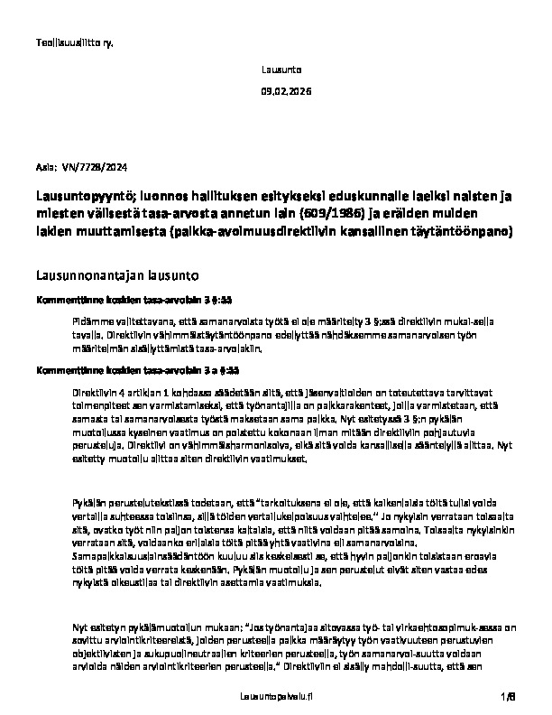 Teollisuusliiton lausunto luonnoksesta hallituksen esitykseksi eduskunnalle laeiksi naisten ja miesten välisestä tasa-arvosta annetun lain (609/1986) muuttamisesta